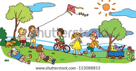 Cartoon Children having a good time playing in sunny summer landscape field, create by vector Royalty-Free Stock Photo #153088853