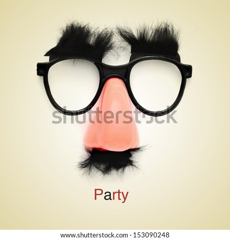 picture of fake glasses, nose and mustache and the word party on a beige background, with a retro effect