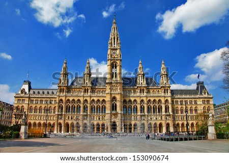 Viena capital, impressive gothic architecture of City hall. Travel and landmarks of Austria Royalty-Free Stock Photo #153090674