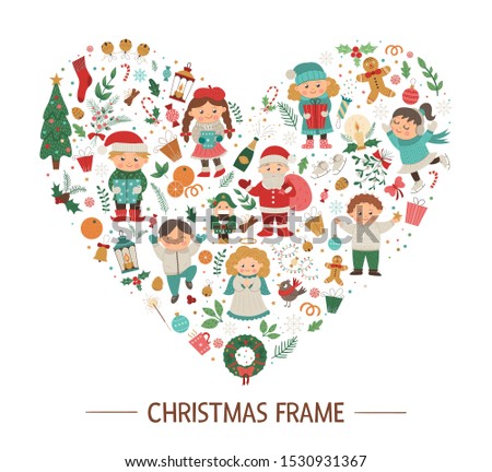 Vector Christmas round frame with children, Santa Claus, Angel on dark blue background. Holiday themed banner or invitation framed in heart shape. Cute funny New Year card template.