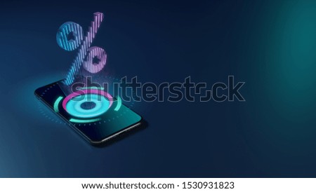 3D rendering smartphone with display emitting neon violet pink blue holographic symbol of percentage symbol   icon on dark background with blurred reflection