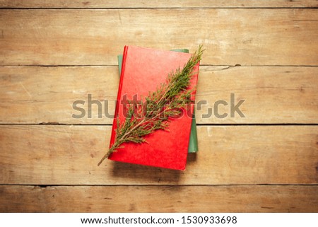 Book and sprig of a Christmas tree and a gift on a wooden background. Concept of a winter mood, Christmas, winter holidays. Flat lay, top view