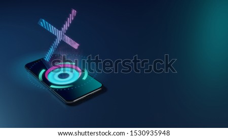 3D rendering smartphone with display emitting neon violet pink blue holographic symbol of cancel cross icon on dark background with blurred reflection