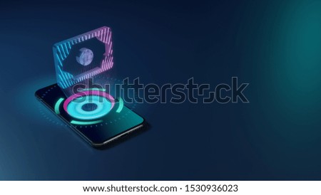3D rendering smartphone with display emitting neon violet pink blue holographic symbol of banknote   icon on dark background with blurred reflection