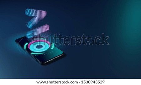 3D rendering smartphone with display emitting neon violet pink blue holographic symbol of greater than equal symbol icon on dark background with blurred reflection