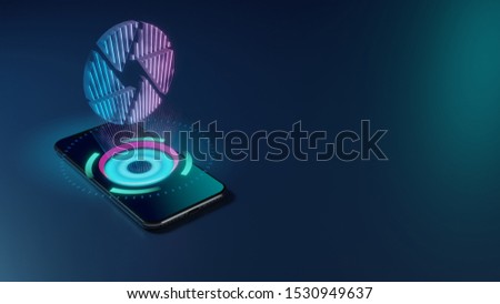 3D rendering smartphone with display emitting neon violet pink blue holographic symbol of camera aperture icon on dark background with blurred reflection