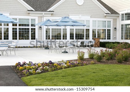 Patio with tables and umbrellas