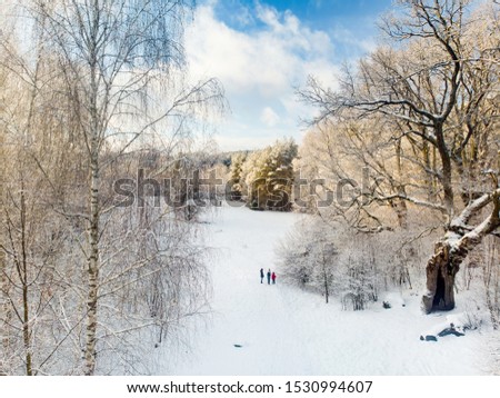 Beautiful aerial view of snow covered pine forests. Rime ice and hoar frost covering trees. Scenic winter landscape near Vilnius, Lithuania.
