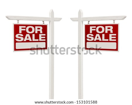 Pair of Left and Right Facing For Sale Real Estate Signs With Clipping Path Isolated on White.