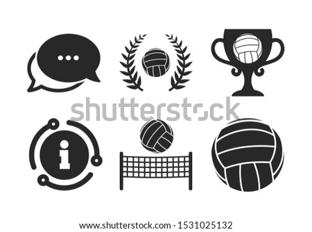 Winner award cup and laurel wreath symbols. Chat, info sign. Volleyball and net icons. Beach sport symbol. Classic style speech bubble icon. Vector
