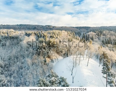 Beautiful aerial view of snow covered pine forests. Rime ice and hoar frost covering trees. Scenic winter landscape near Vilnius, Lithuania.