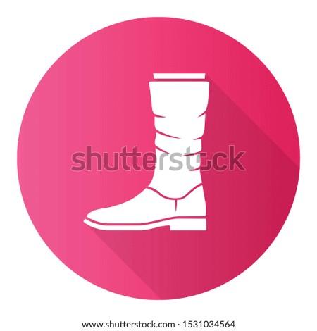 Women calf boots pink flat design long shadow glyph icon. Leather shoes side view. Female flat heel footwear design for fall, spring and winter season. Vector silhouette illustration