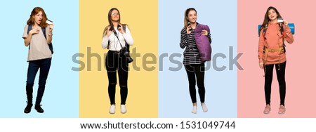 Set of travel woman, photographer, student and in pajamas holding a credit card and surprised