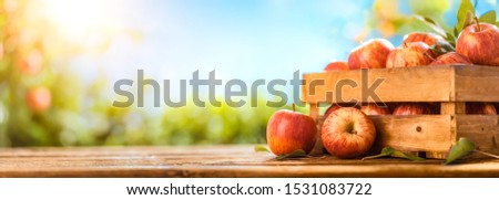 Apples on wooden table over outdoor background