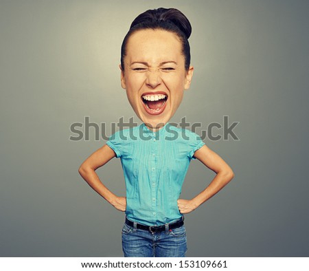 angry woman with big head over grey background