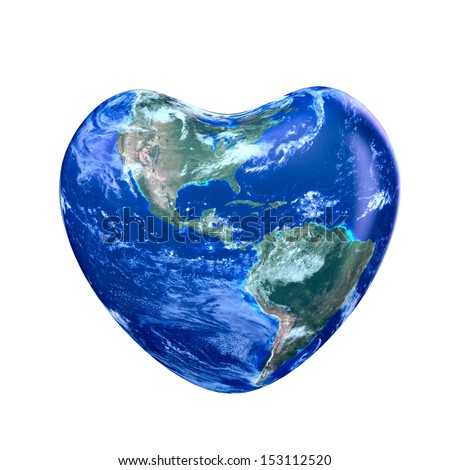 3d Earth America part green planet in heart  form on a white background.Elements of this image furnished by NASA