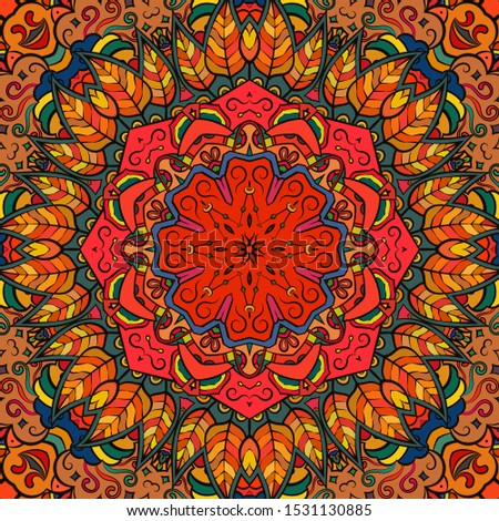 Seamless tracery tile mehndi design. Ethnic ornament, colorful doodle symmetry texture. Folk traditional spiritual tribal design. Curved doodling motif. Color art. Vector