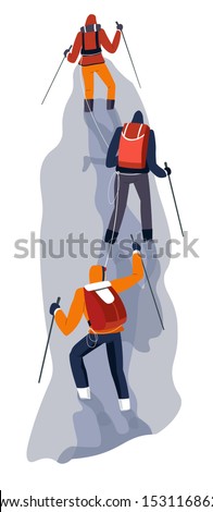 Mountain climbing group with trekking poles, backpacks and mountaineering gear. Climbers on rope in glacier, back view. Extreme sport vector illustration on white background.