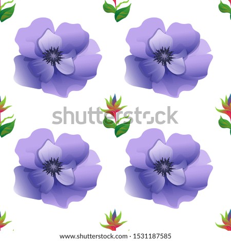 Green bird of paradise. Violet Anemone. Vector illustration. Seamless background pattern. Floral botanical flower. Wild leaf wildflower isolated. Exotic tropical hawaiian jungle. Fabric wallpaper.
