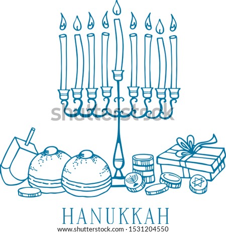 Composition with traditional Hanukkah objects. Menorah, donuts, dreidel, coins. Outline vector sketch illustration on white background