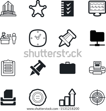 office vector icon set such as: immigration, clock, pulsation, start, singer, printout, logo, quality, internet, monitor, tray, second, residential, custom, print, round, metal, monitoring, luggage