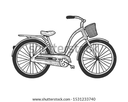 Female urban bicycle bicycle sketch engraving vector illustration. Tee shirt apparel print design. Scratch board style imitation. Hand drawn image.