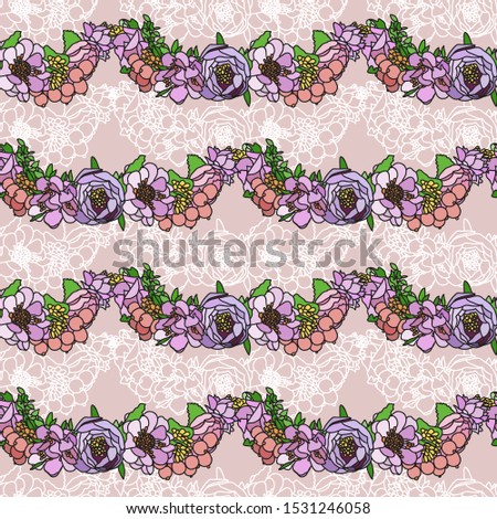 Stripes of flower arrangement on a pink background. Color and white drawing. Lace. Vintage style. Delicate pink. Background for textile. Wedding. Seamless pattern.