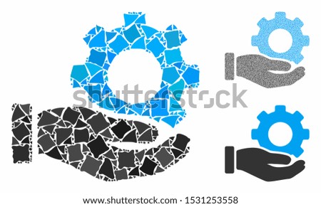 Mechanic gear service hand mosaic of trembly pieces in variable sizes and shades, based on mechanic gear service hand icon. Vector trembly pieces are composed into collage.