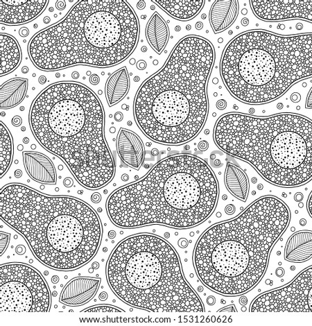 Line doodle art avocado seamless pattern. Black and white graphics linear. Hand drawing. Zentangle style. Good for textile printing and adult coloring books.  