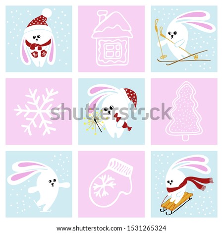 Holiday card with white hares on a blue background and holiday attributes on a pink background.