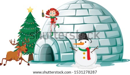 Elf and reindeer on igloo illustration