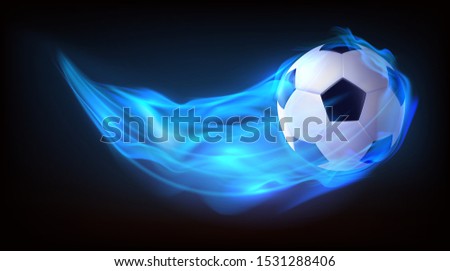 Football ball flying in blue fire, falling in flame side view isolated on black background. Sport inventory store ad, competition, tournament promotion design element. Realistic 3d vector illustration