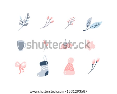Christmas holiday decoration icons set with leaves, hat, socks, ribbon and other items. Elements isolated vector illustration bundle