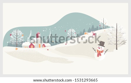 Vector illustration of a Christmas winter landscape postcard.Retro color of winter landscape with kids, snowman and deer.Minimal winter concept. Royalty-Free Stock Photo #1531293665