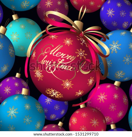 Vector seamless pattern with pink, blue, violet christmas balls. Holiday winter decor. Text "merry christmas!"