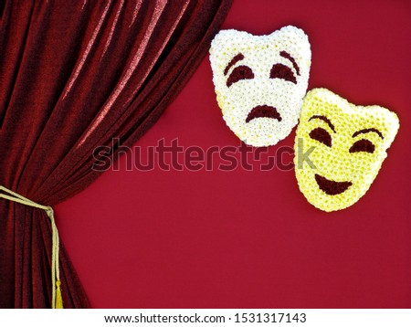 Theater masks on the red background. Сurtain.