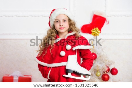 Top christmas celebration ideas. Winter holidays concept. Merry christmas and happy new year. Enjoy christmas holidays. Child red santa costume ready to celebrate. Christmas tradition holiday.