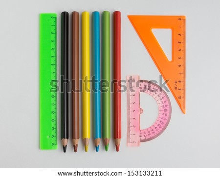 protractor ruler pencils on a white background necessary accessories of the pupil