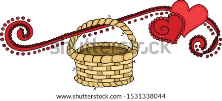 Red hearts of love banner with empty basket hanging
