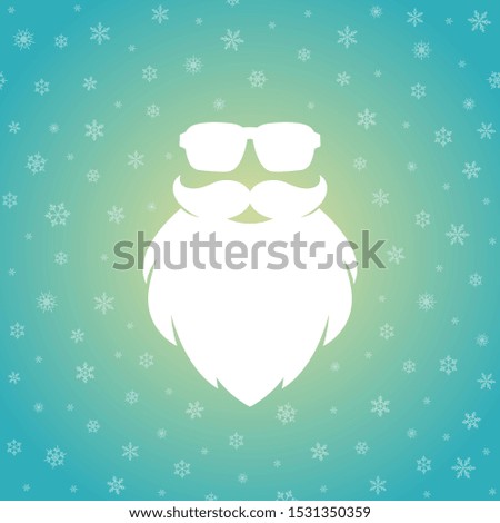 Santa claus face silhouette with beard and hipster sun glasses on powder blue background with snowflakes. Label for party or greeting card. Vector flat illustration. Merry christmas clip art.