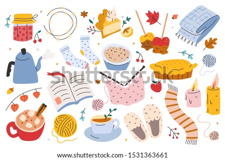 Hygge autumn set, collection of hand drawn clip arts of seasonal indoor activities, vector illustrations. Sybmols of cozy home and comfort, food, utensils, clothes, accessories. sticker pack