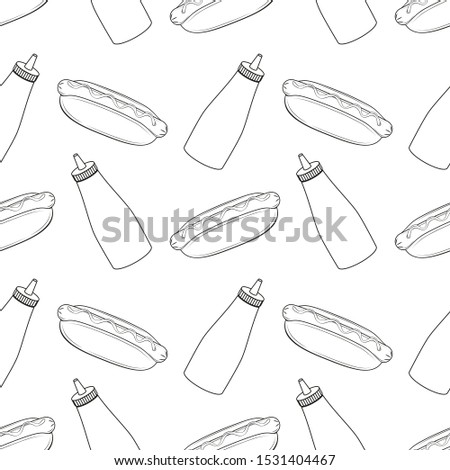 Seamless pattern with hot dogs and bottles of mustard and ketchup. Restaurant illustration. Fast food illustration. White background. Menu design. Vector illustration. Black and white.