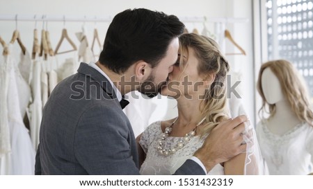 Happy bride and groom in wedding dress prepare for married in wedding ceremony. Romantic love of man and woman couple.