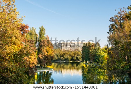 View of a large lake surrounded by beautiful colored trees in the middle of a park in the city, on a beautiful autumn evening.
