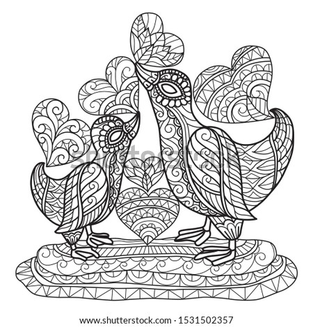 Mother duck and son love each other.
Zentangle stylized cartoon isolated on white background. 
Hand drawn sketch illustration for adult coloring book. 
