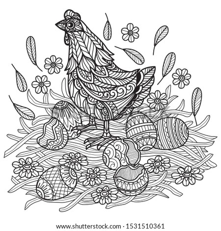 Hen with her eggs.
Zentangle stylized cartoon isolated on white background. 
Hand drawn sketch illustration for adult coloring book. 

