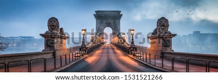 Panorama of the historic Chain Bridge in Budapest, Hungary Royalty-Free Stock Photo #1531521266
