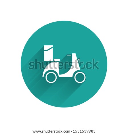 White Scooter delivery icon isolated with long shadow. Delivery service concept. Green circle button. Vector Illustration