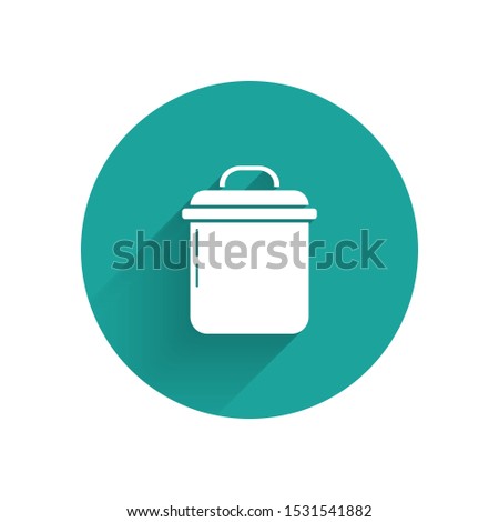 White Cooking pot icon isolated with long shadow. Boil or stew food symbol. Green circle button. Vector Illustration