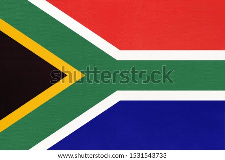 South Africa republic national fabric flag, textile background. Symbol of international african world country. State official sign.